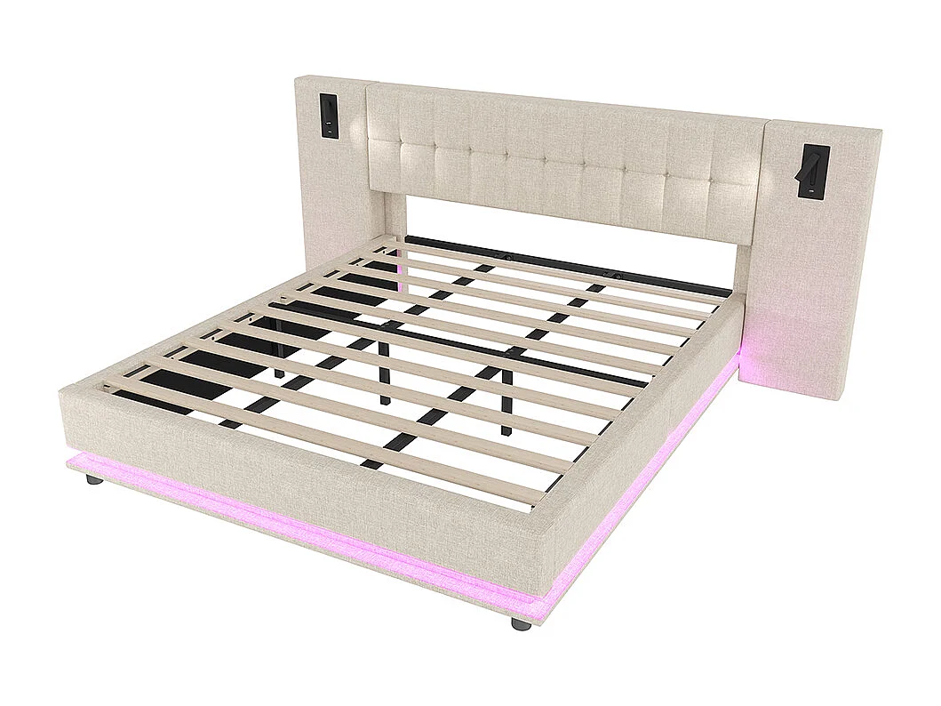 Cama doble para adultos 180 x 200 cm, con tira LED, cabecero con focos, puerto USB, sin colchón, de lino, beige