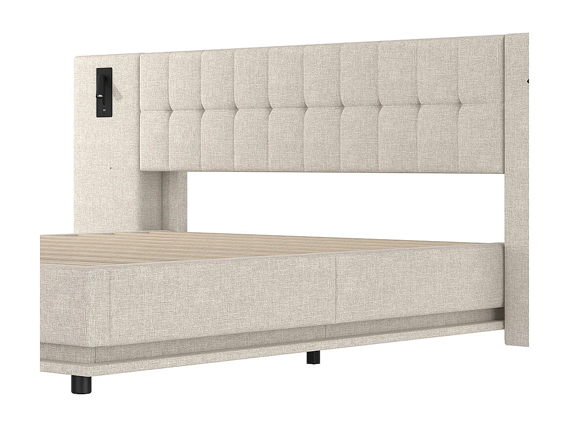 Cama doble para adultos 180 x 200 cm, con tira LED, cabecero con focos, puerto USB, sin colchón, de lino, beige