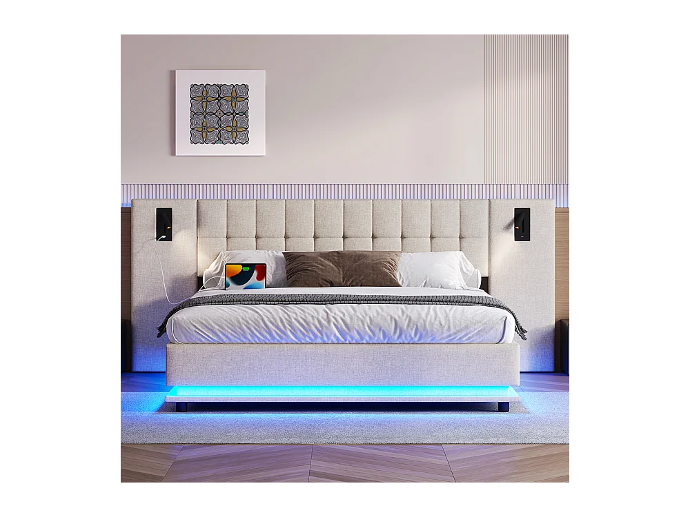 Doppelbett für Erwachsene 180 x 200 cm, mit LED-Leiste, Kopfteil mit Spots, USB-Anschluss, ohne Matratze, aus Leinen, beige