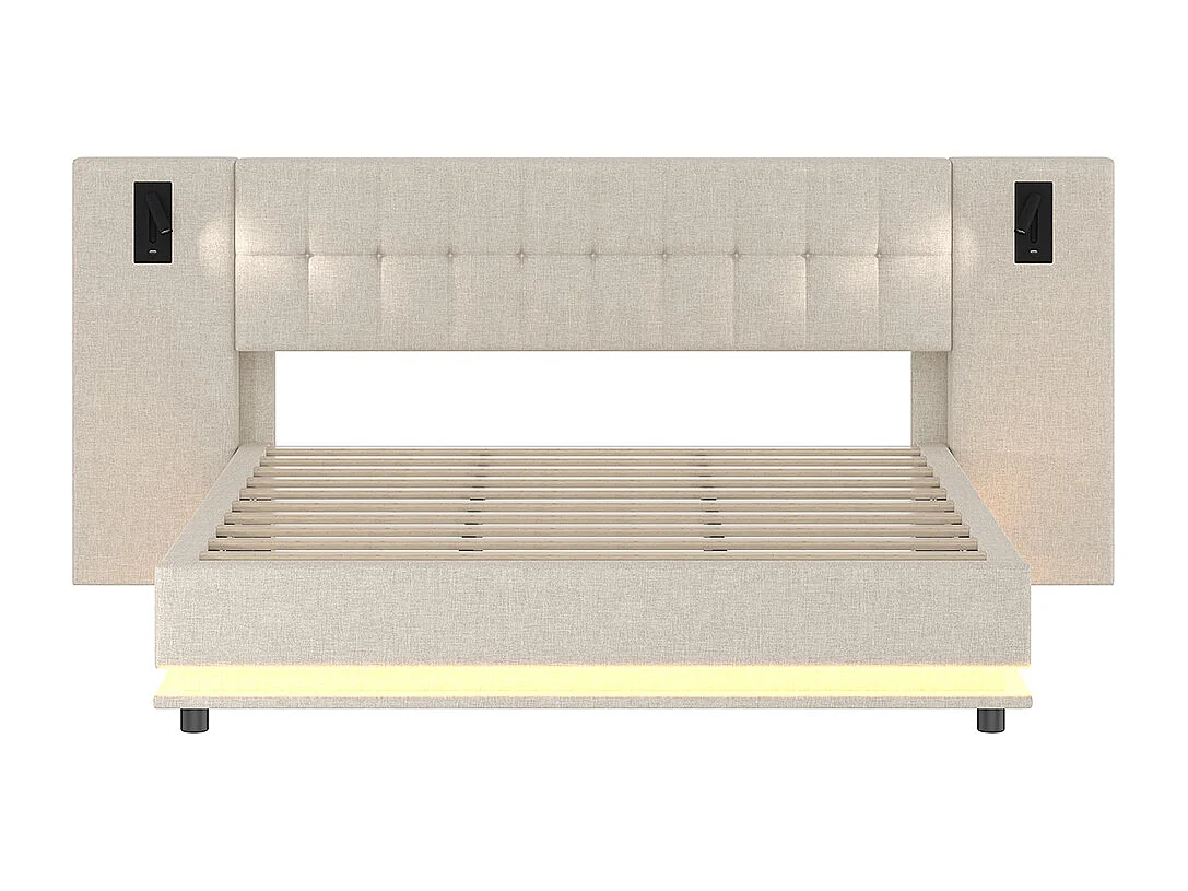 Letto matrimoniale per adulti 180 x 200 cm, con striscia LED, testiera con faretti, porta USB, senza materasso, in lino, beige