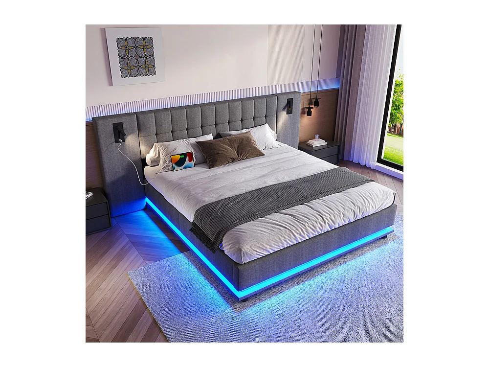 Cama doble para adultos 180 x 200 cm, con tira LED, cabecero con focos, puerto USB, sin colchón, de lino, gris.