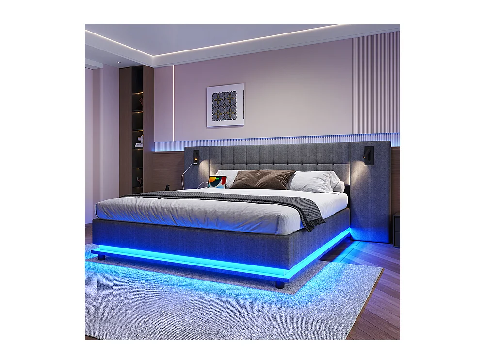 Cama doble para adultos 180 x 200 cm, con tira LED, cabecero con focos, puerto USB, sin colchón, de lino, gris.