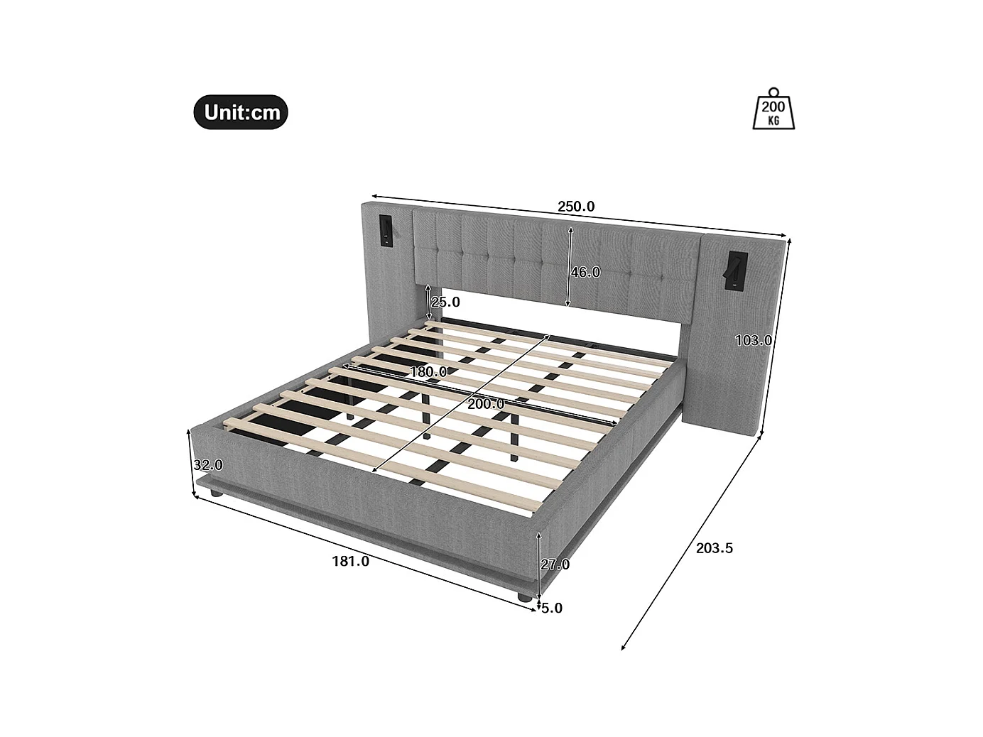 Cama doble para adultos 180 x 200 cm, con tira LED, cabecero con focos, puerto USB, sin colchón, de lino, gris.