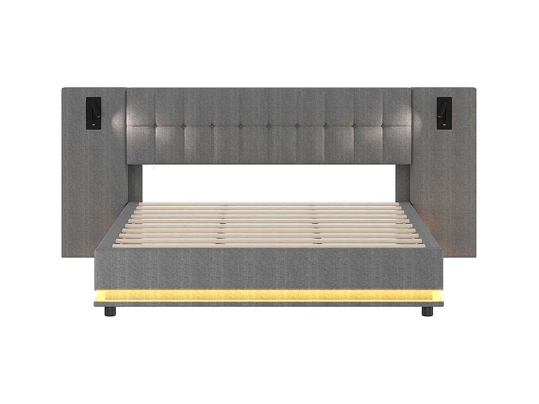 Cama doble para adultos 180 x 200 cm, con tira LED, cabecero con focos, puerto USB, sin colchón, de lino, gris.