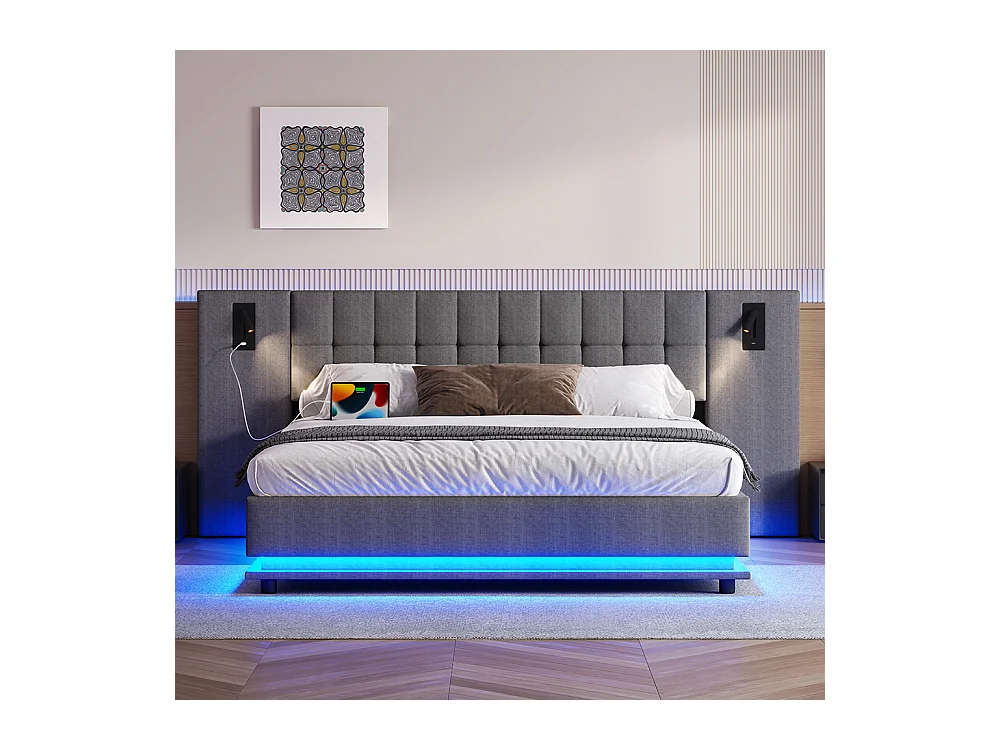 Doppelbett für Erwachsene 180 x 200 cm, mit LED-Streifen, Kopfteil mit Spots, USB-Anschluss, ohne Matratze, aus Leinen, grau.