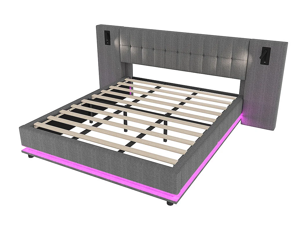 Letto matrimoniale per adulti 180 x 200 cm, con striscia LED, testiera con faretti, porta USB, senza materasso, in lino, grigio.