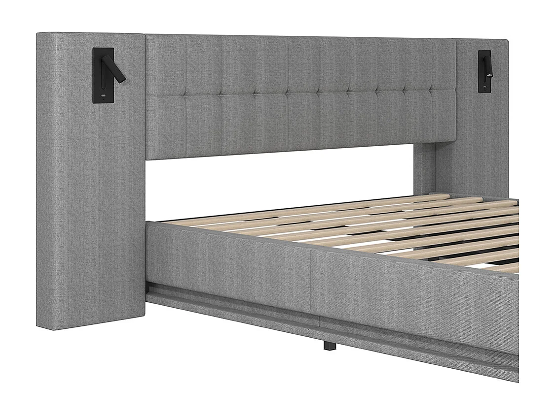 Letto matrimoniale per adulti 180 x 200 cm, con striscia LED, testiera con faretti, porta USB, senza materasso, in lino, grigio.