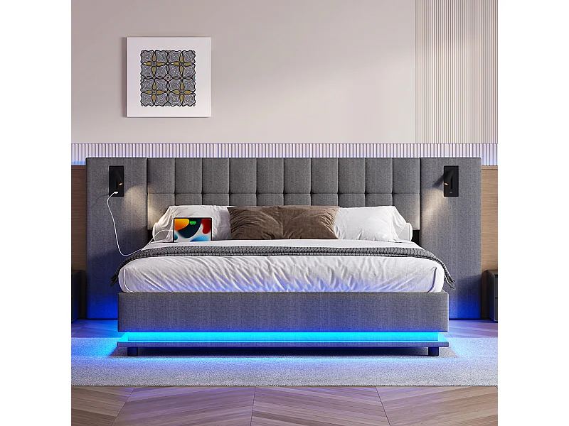 Doppelbett für Erwachsene 180 x 200 cm, mit LED-Streifen, Kopfteil mit Spots, USB-Anschluss, ohne Matratze, aus Leinen, grau.