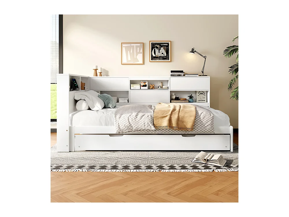 Canapé-lit 90 x 200 cm, avec tête de lit et compartiment de rangement, lit extensible, sans matelas, blanc