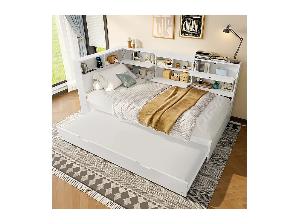 Canapé-lit 90 x 200 cm, avec tête de lit et compartiment de rangement, lit extensible, sans matelas, blanc