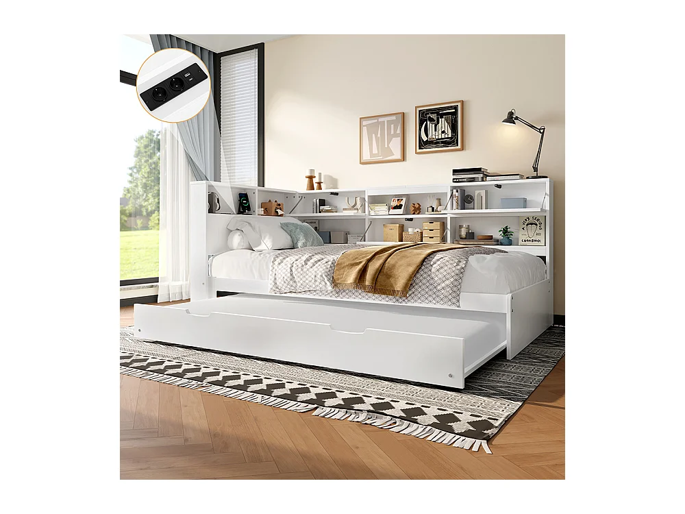 Canapé-lit 90 x 200 cm, avec tête de lit et compartiment de rangement, lit extensible, sans matelas, blanc