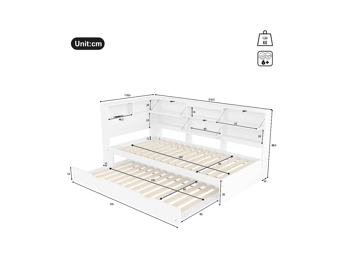 Canapé-lit 90 x 200 cm, avec tête de lit et compartiment de rangement, lit extensible, sans matelas, blanc