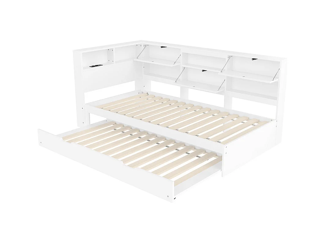 Canapé-lit 90 x 200 cm, avec tête de lit et compartiment de rangement, lit extensible, sans matelas, blanc