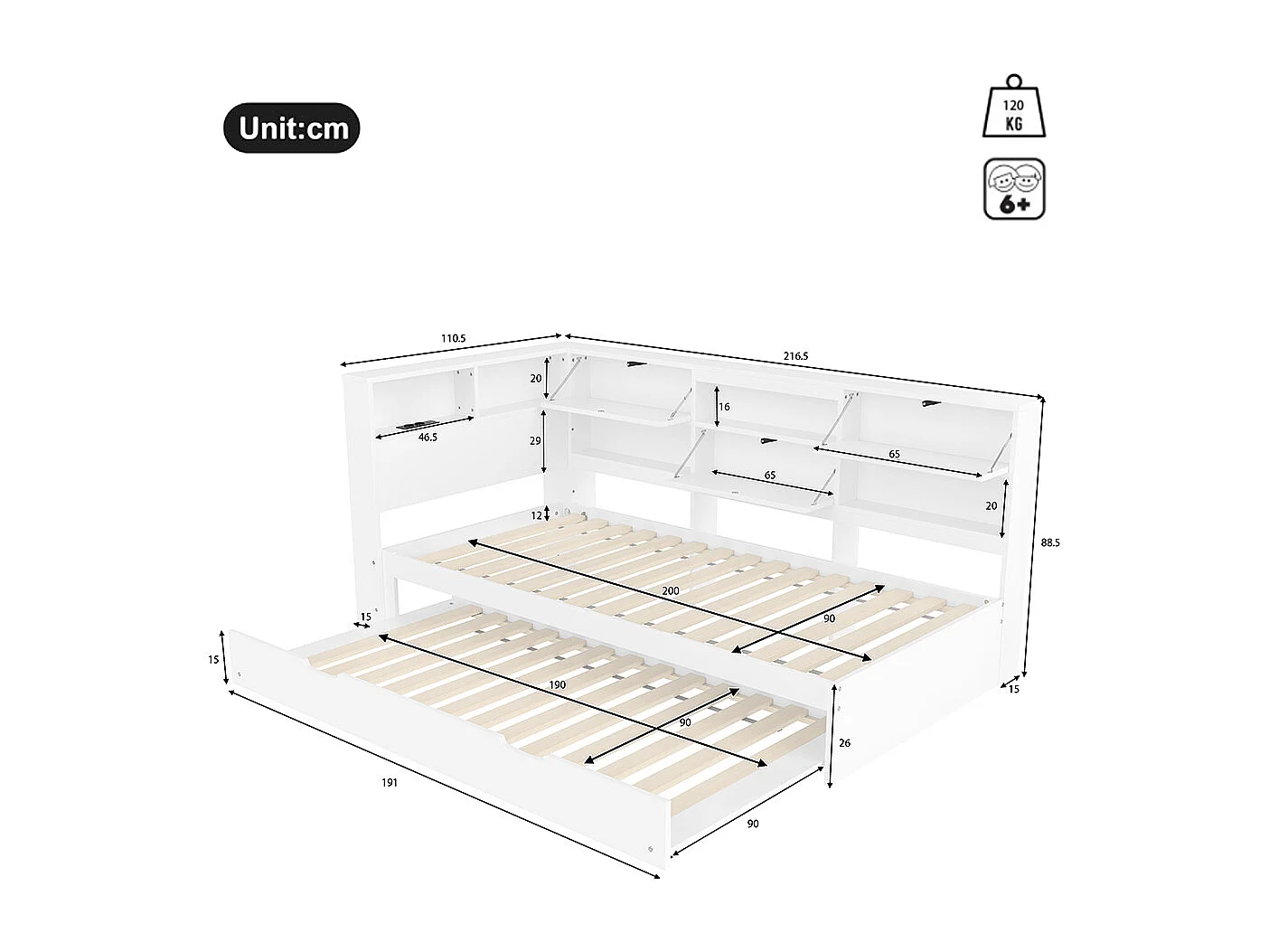 Schlafsofa 90 x 200 cm, mit Kopfteil und Stauraum, ausziehbares Bett, ohne Matratze, weiß