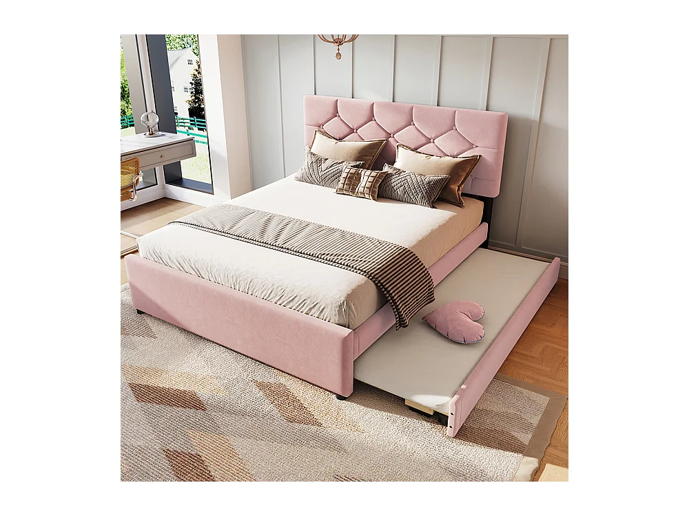 Gestoffeerd bed voor volwassenen 140 x 200 cm, met ladekasten op wieltjes, van fluweel, roze kleur, zonder matras.