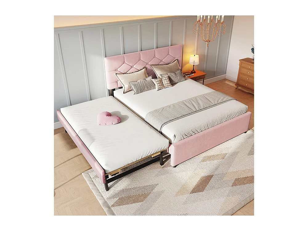 Gestoffeerd bed voor volwassenen 140 x 200 cm, met ladekasten op wieltjes, van fluweel, roze kleur, zonder matras.