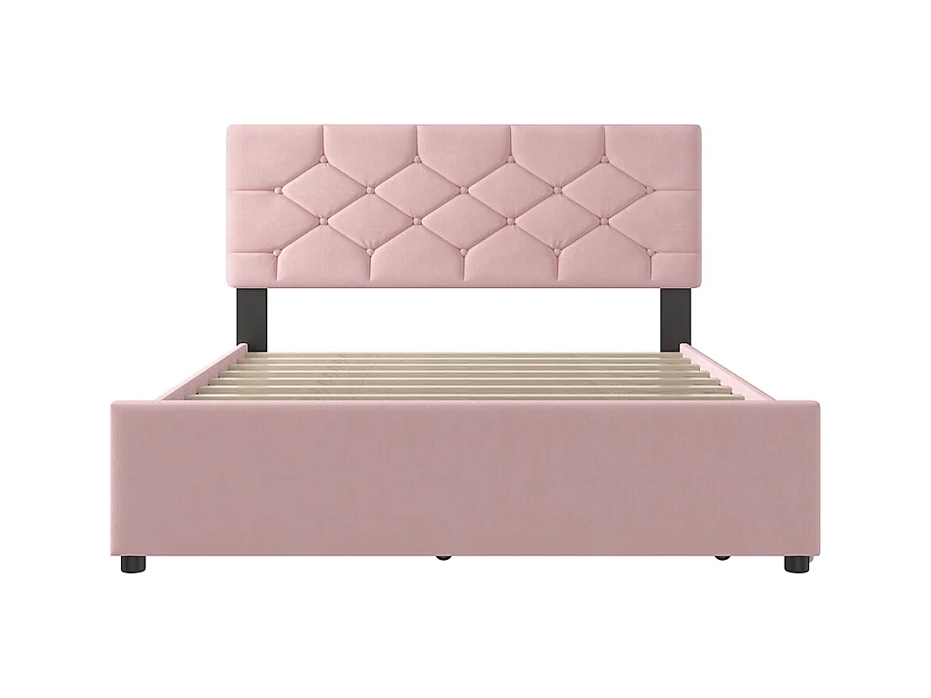 Gestoffeerd bed voor volwassenen 140 x 200 cm, met ladekasten op wieltjes, van fluweel, roze kleur, zonder matras.