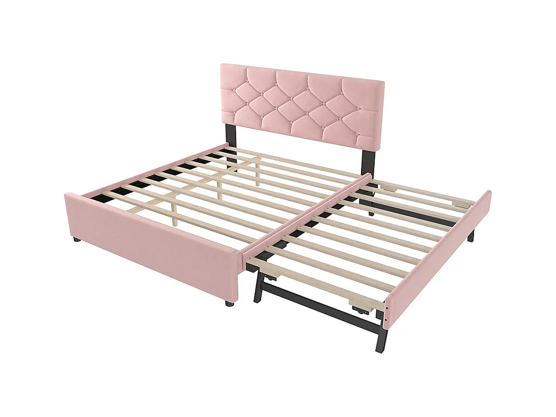 Gestoffeerd bed voor volwassenen 140 x 200 cm, met ladekasten op wieltjes, van fluweel, roze kleur, zonder matras.