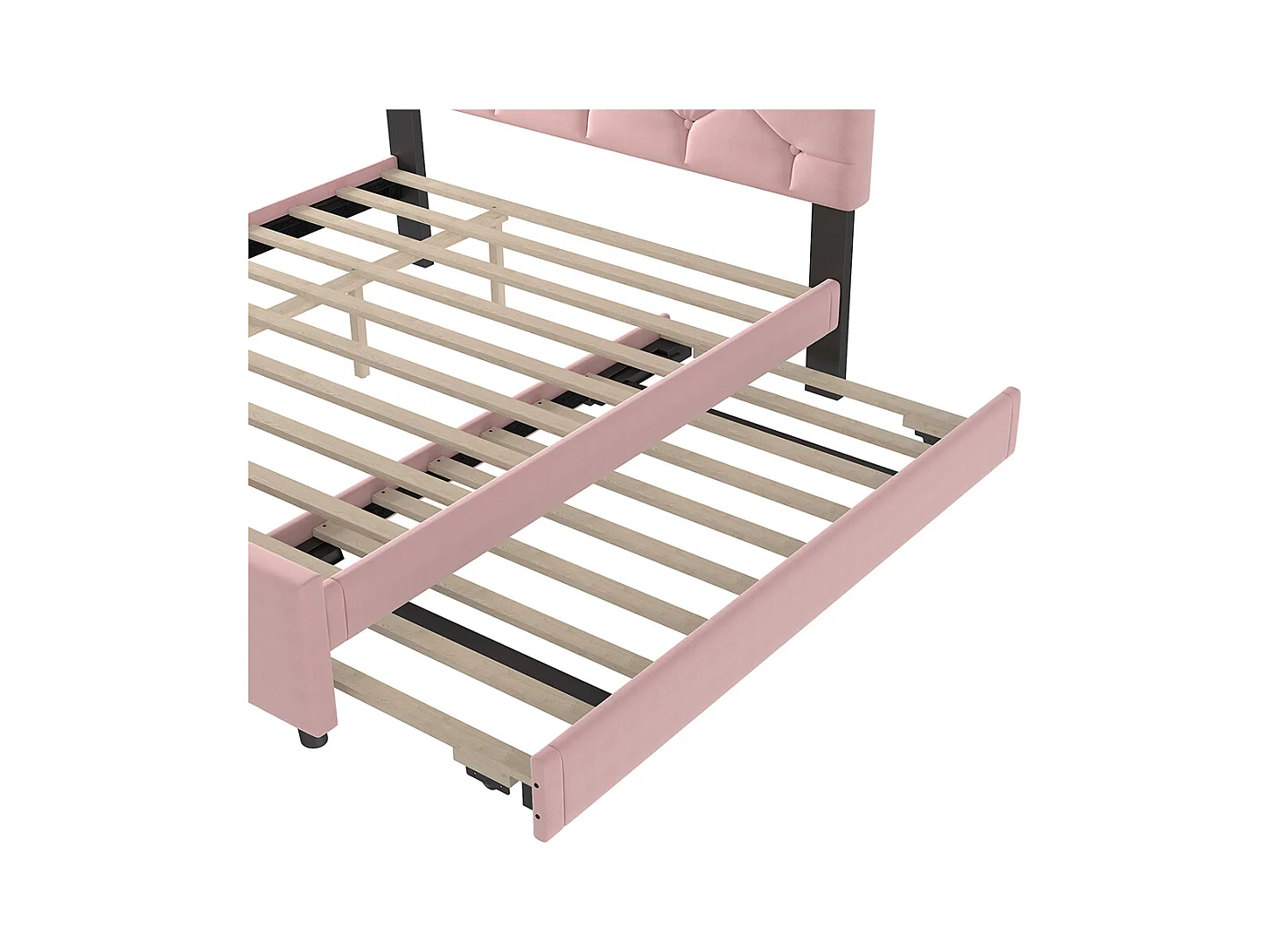 Gestoffeerd bed voor volwassenen 140 x 200 cm, met ladekasten op wieltjes, van fluweel, roze kleur, zonder matras.