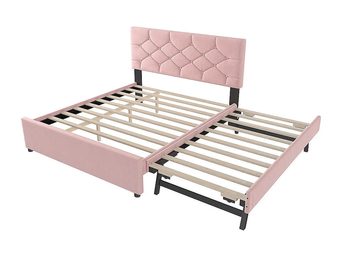 Lit rembourré pour adulte 140 x 200 cm, avec tiroirs à roulettes, en velours, couleur rose, sans matelas.