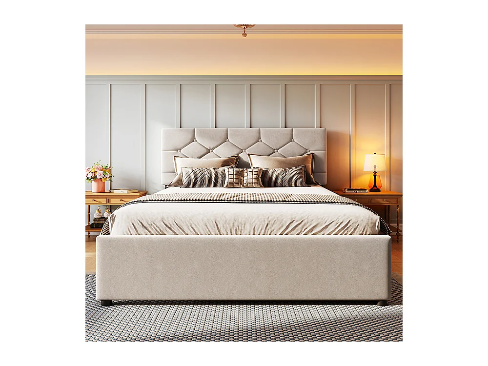 Gestoffeerd bed voor volwassenen 140 x 200 cm, met lades op wieltjes, van fluweel, beige, zonder matras.