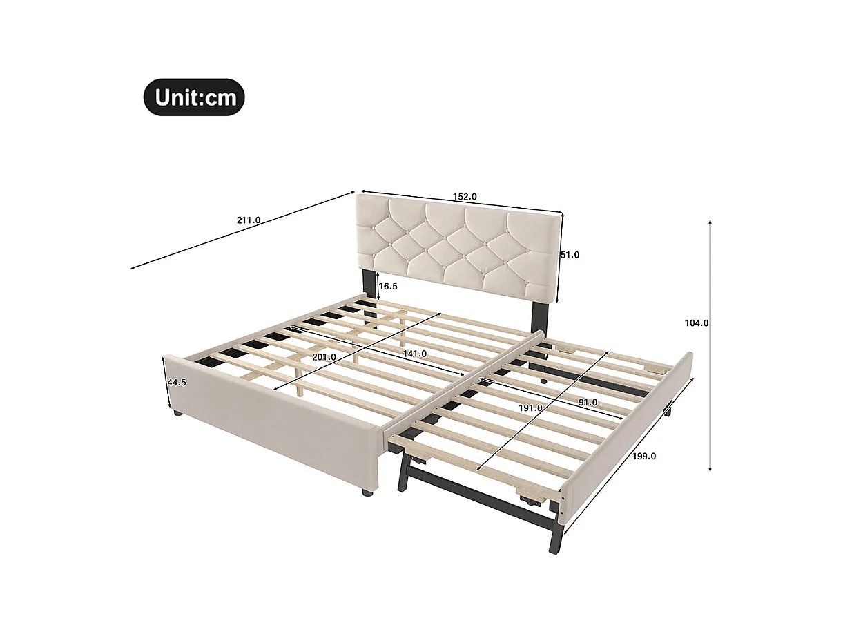 Gestoffeerd bed voor volwassenen 140 x 200 cm, met lades op wieltjes, van fluweel, beige, zonder matras.