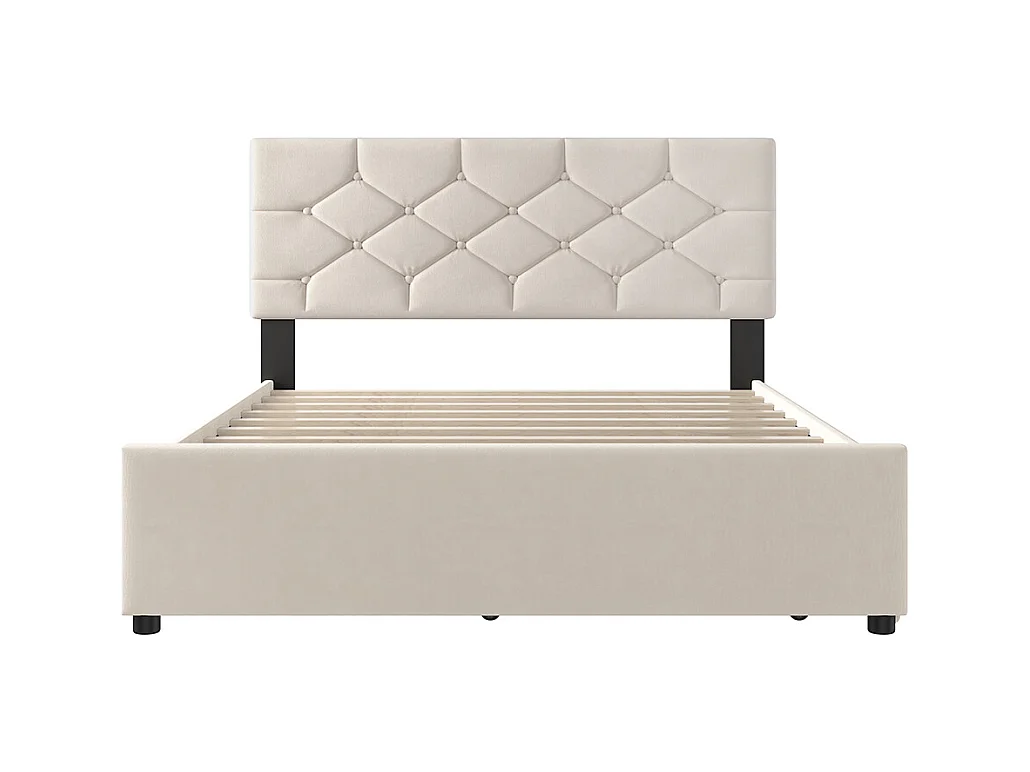 Gestoffeerd bed voor volwassenen 140 x 200 cm, met lades op wieltjes, van fluweel, beige, zonder matras.