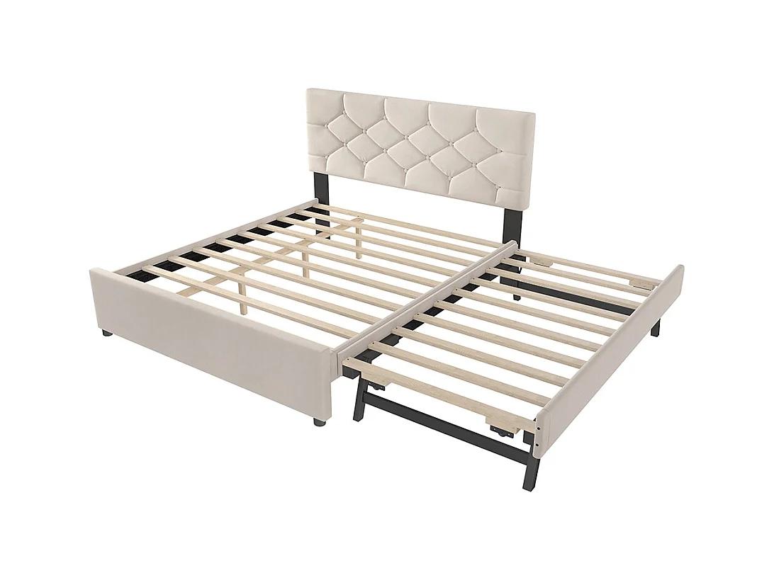 Gestoffeerd bed voor volwassenen 140 x 200 cm, met lades op wieltjes, van fluweel, beige, zonder matras.