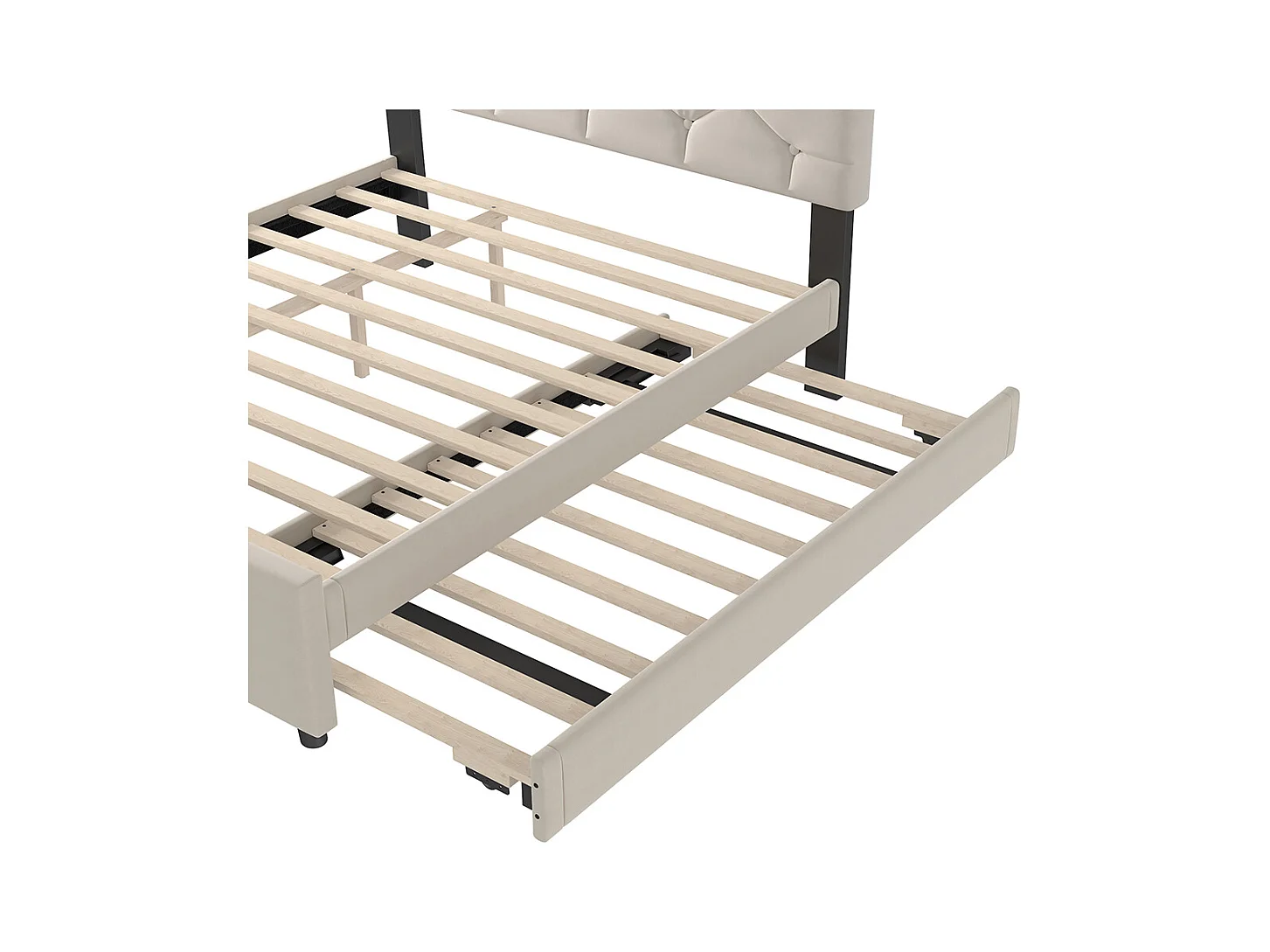 Gestoffeerd bed voor volwassenen 140 x 200 cm, met lades op wieltjes, van fluweel, beige, zonder matras.