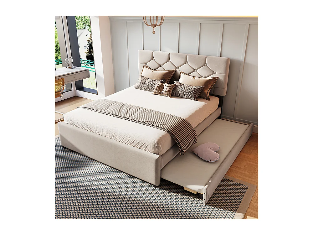 Gepolstertes Bett für Erwachsene 140 x 200 cm, mit Schubladen auf Rollen, aus Samt, Farbe beige, ohne Matratze.