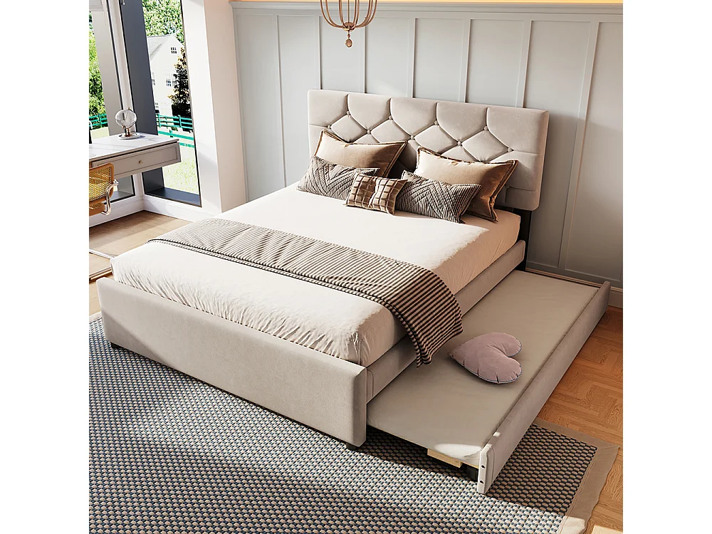 Lit rembourré pour adulte 140 x 200 cm, avec tiroirs à roulettes, en velours, couleur beige, sans matelas.