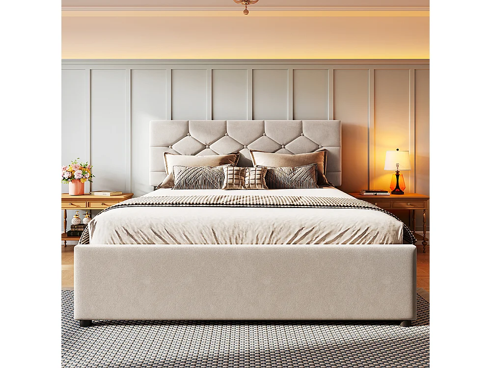 Lit rembourré pour adulte 140 x 200 cm, avec tiroirs à roulettes, en velours, couleur beige, sans matelas.