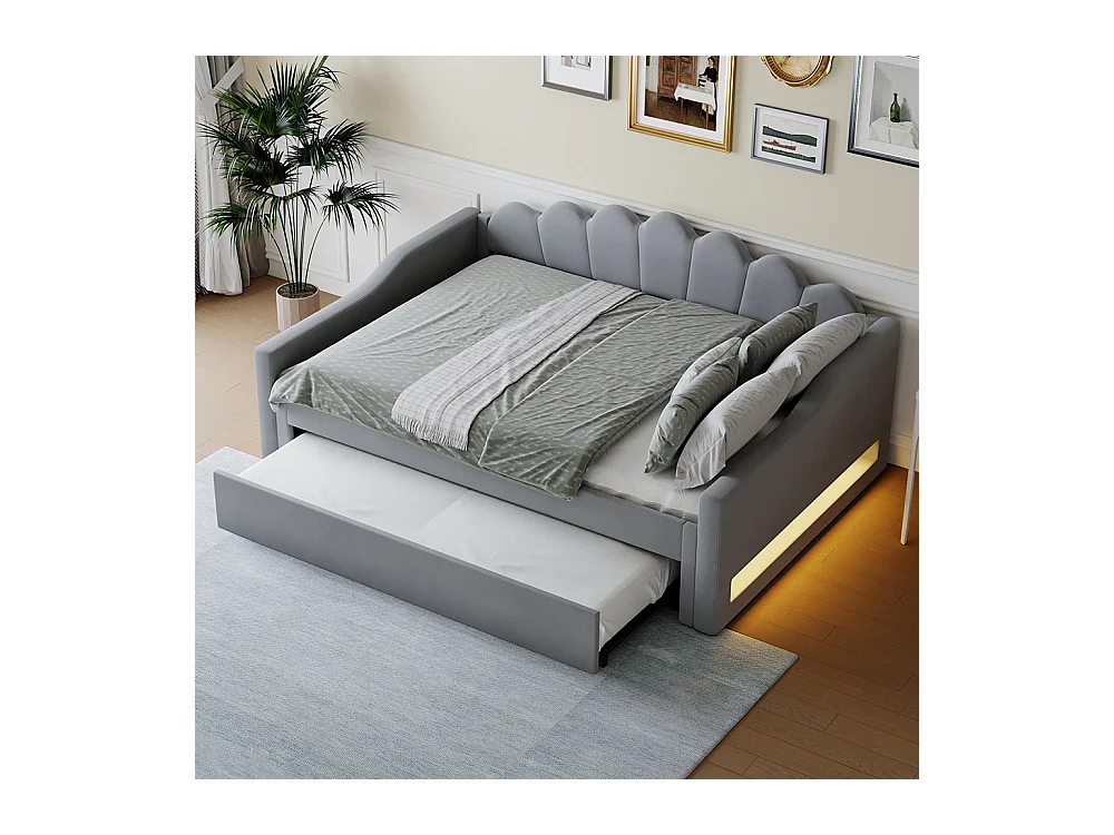 Uitschuifbed 140 x 200 cm, met ledstrip, grijs