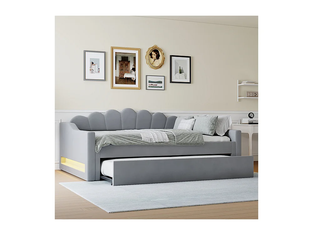 Uitschuifbed 140 x 200 cm, met ledstrip, grijs