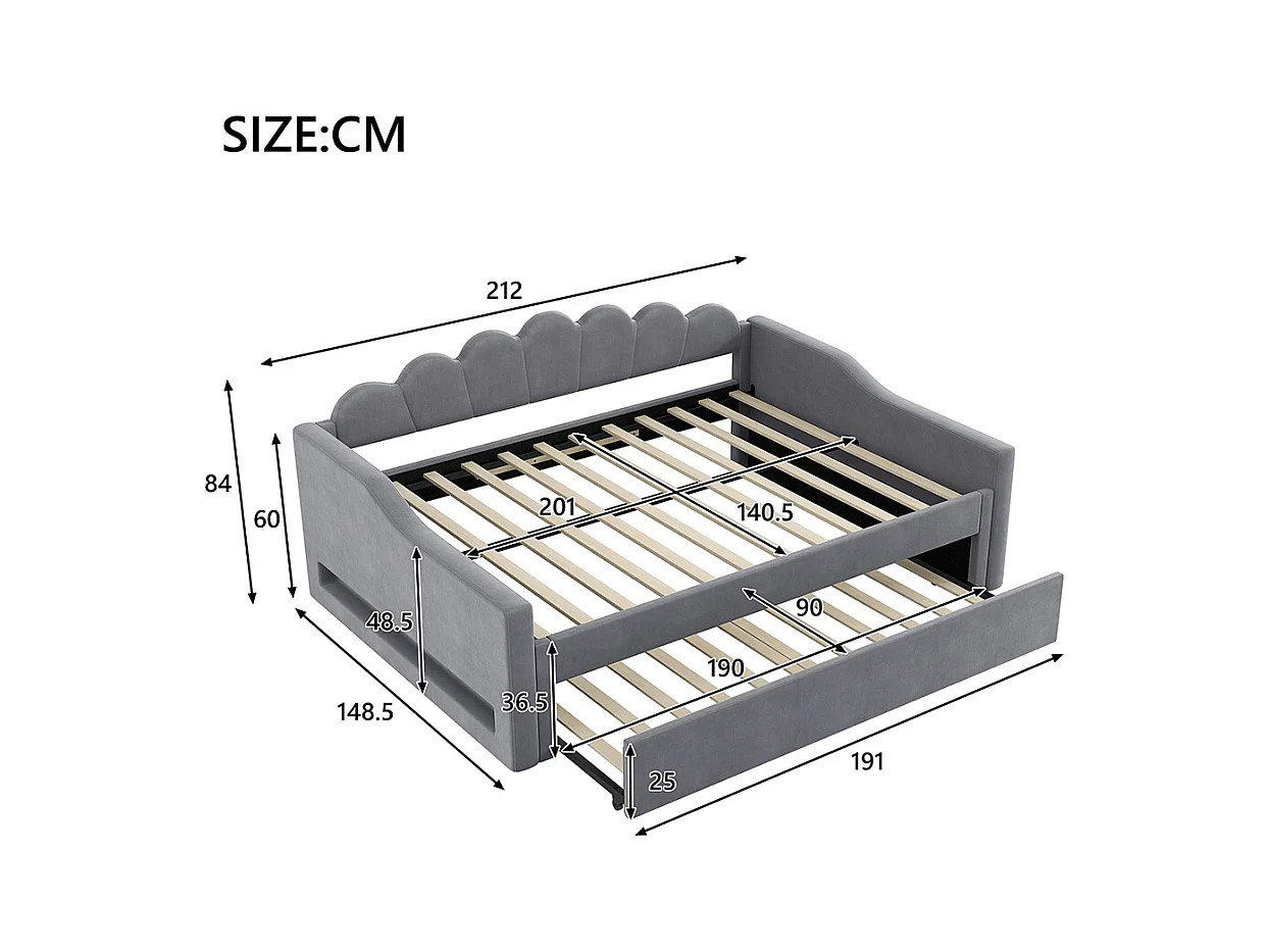 Uitschuifbed 140 x 200 cm, met ledstrip, grijs