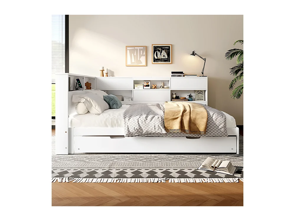 Schlafsofa 140 x 200 cm, mit Kopfteil und Stauraum, ausziehbares Bett, ohne Matratze, weiß