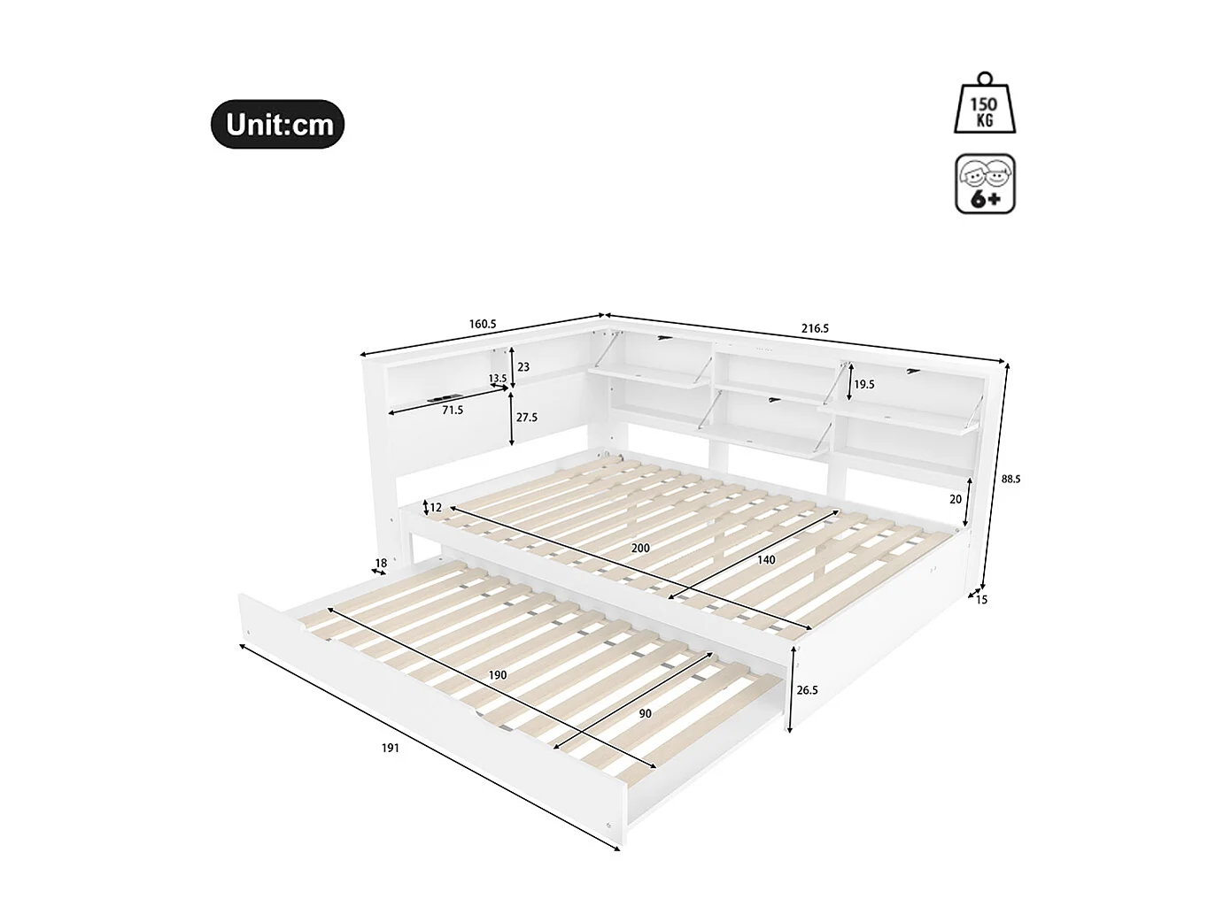 Schlafsofa 140 x 200 cm, mit Kopfteil und Stauraum, ausziehbares Bett, ohne Matratze, weiß