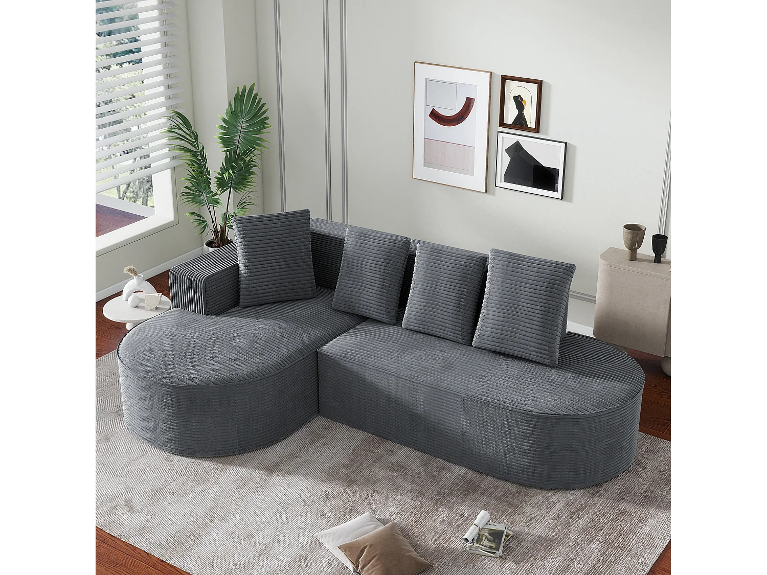 Modulares Sofa mit L-förmiger Chaiselongue, tiefe Sitzfläche, Polsterung aus komprimiertem Schaumstoff, Farbe Grau.