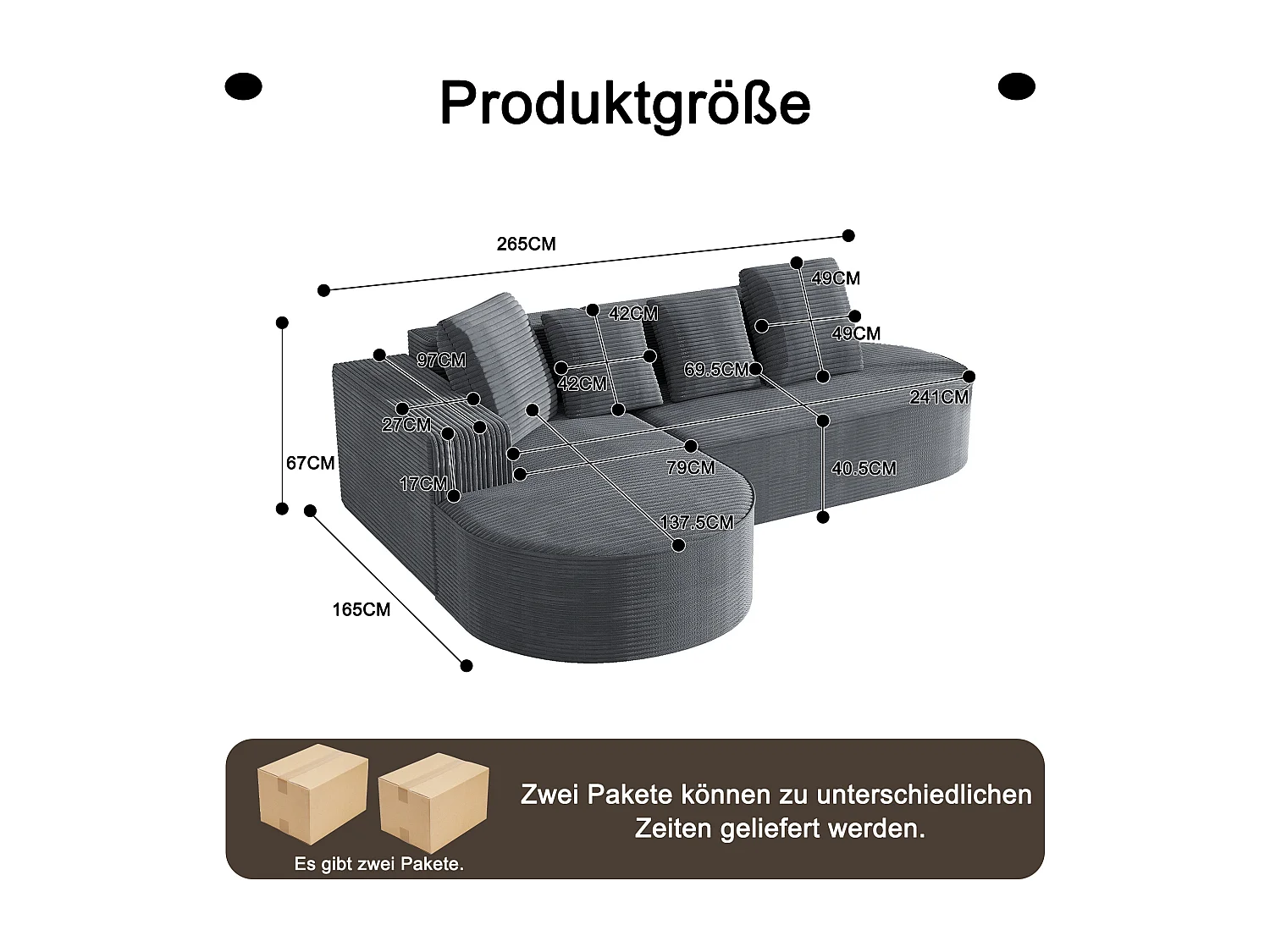 Modulares Sofa mit L-förmiger Chaiselongue, tiefe Sitzfläche, Polsterung aus komprimiertem Schaumstoff, Farbe Grau.