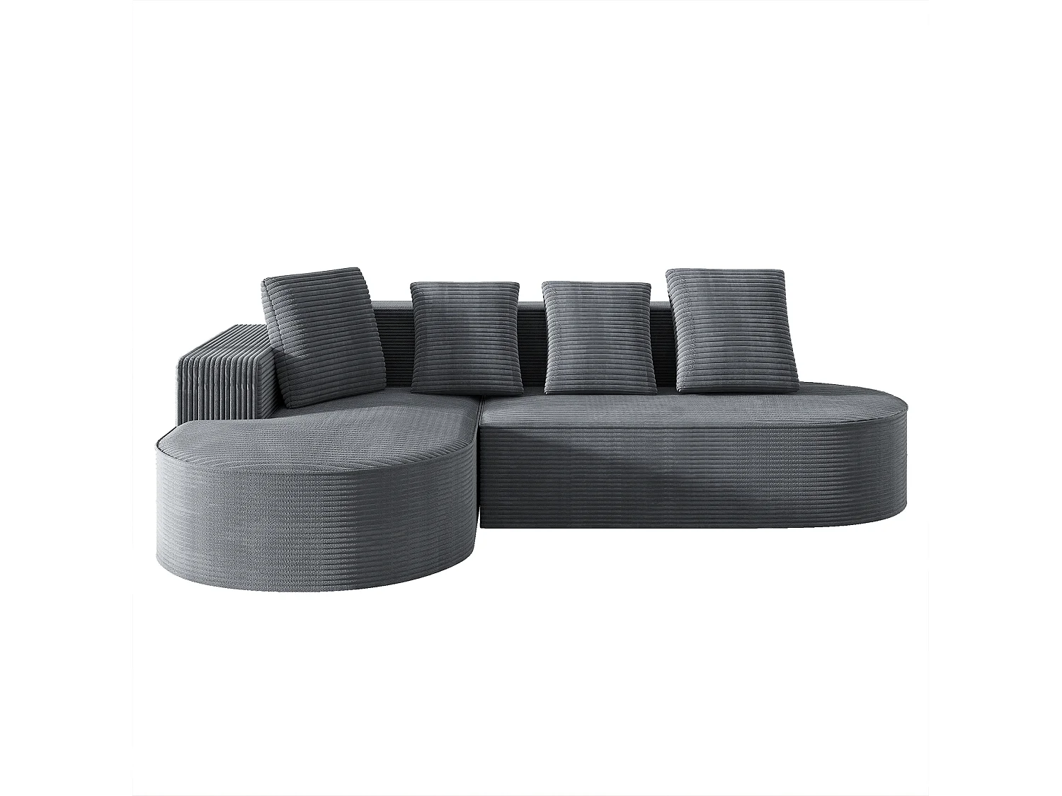 Modulares Sofa mit L-förmiger Chaiselongue, tiefe Sitzfläche, Polsterung aus komprimiertem Schaumstoff, Farbe Grau.
