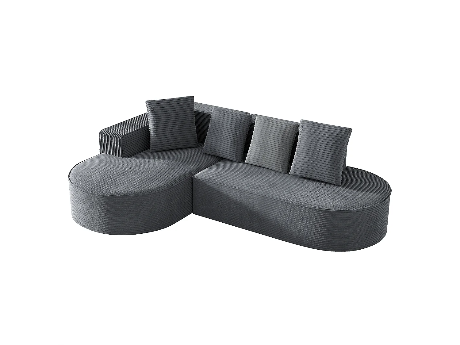 Modulares Sofa mit L-förmiger Chaiselongue, tiefe Sitzfläche, Polsterung aus komprimiertem Schaumstoff, Farbe Grau.