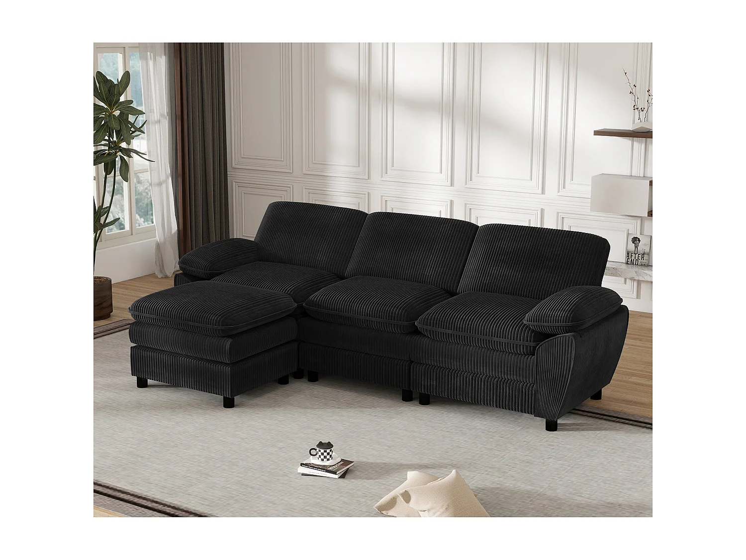 Divano componibile, divano a due cuscini, velluto lampada, con rivestimento sfoderabile, nero