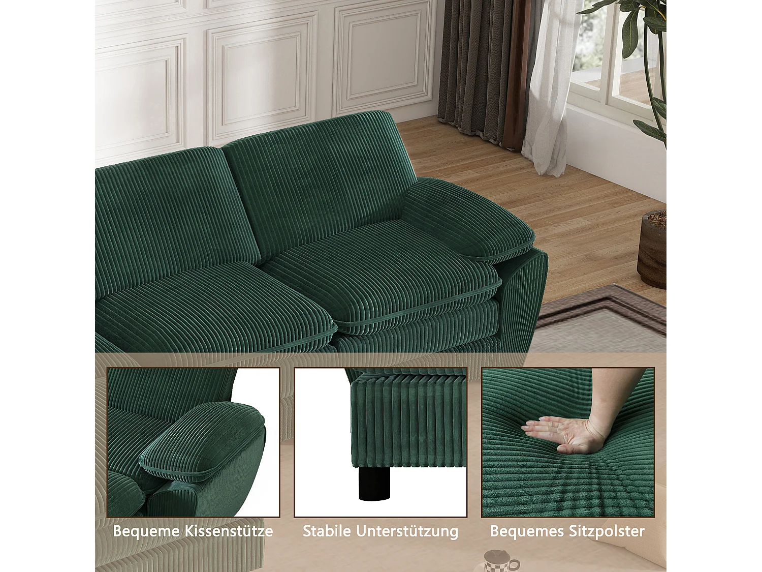 Canapé modulable, canapé à deux coussins, velours lampadaire, avec housse amovible, vert