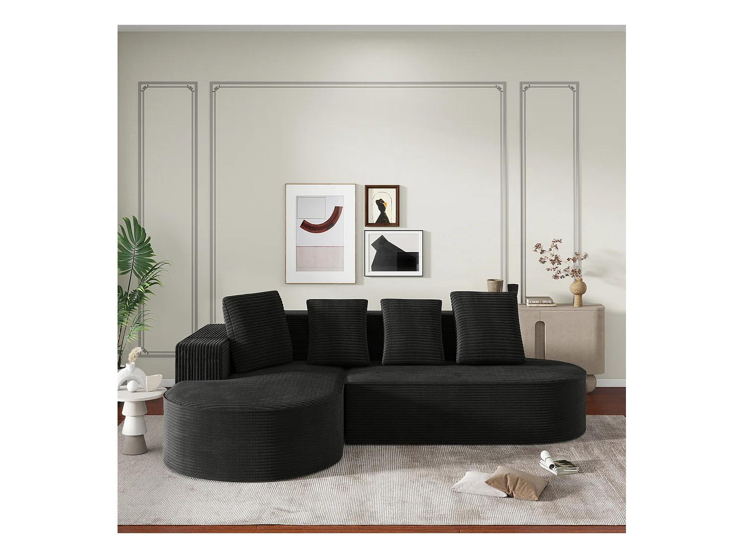 Canapé modulable avec méridienne en L, assise profonde, rembourrage en mousse compressée,noir