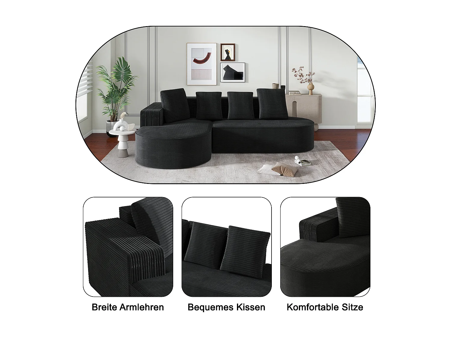 Modulares Sofa mit L-förmiger Chaiselongue, tiefe Sitzfläche, Polsterung aus komprimiertem Schaumstoff, schwarz