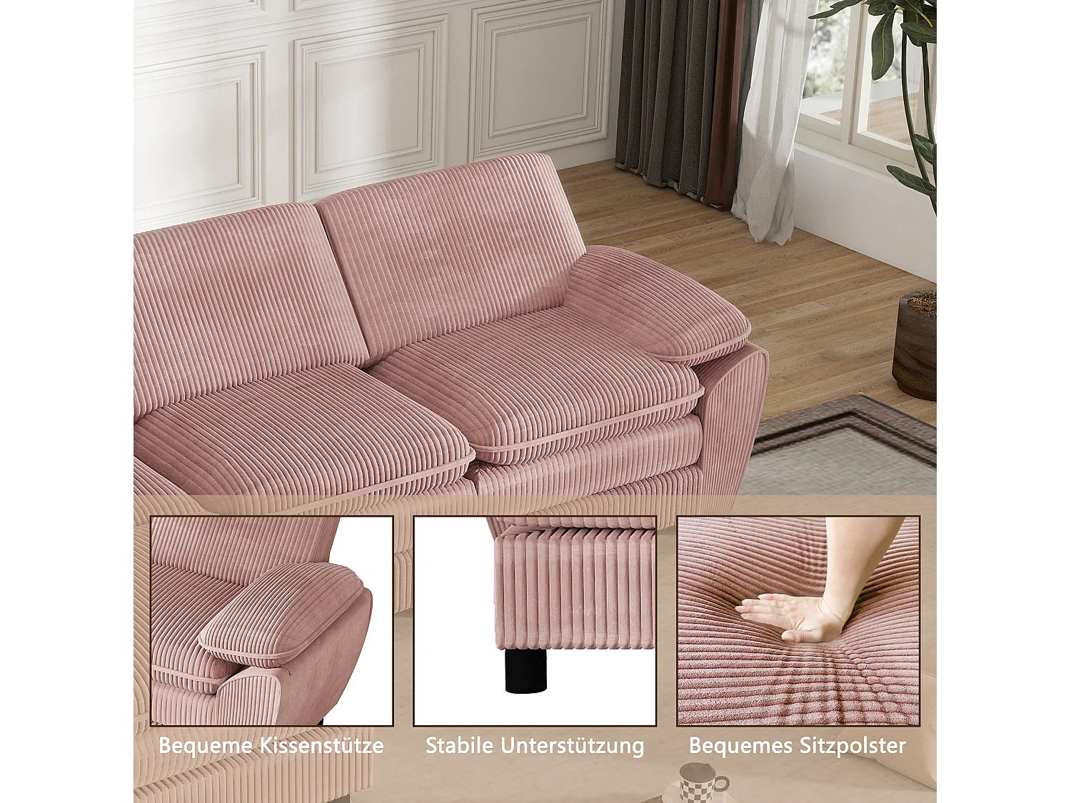 Modulaire bank, bank met twee kussens, lampionfluweel, met afneembare hoes, roze