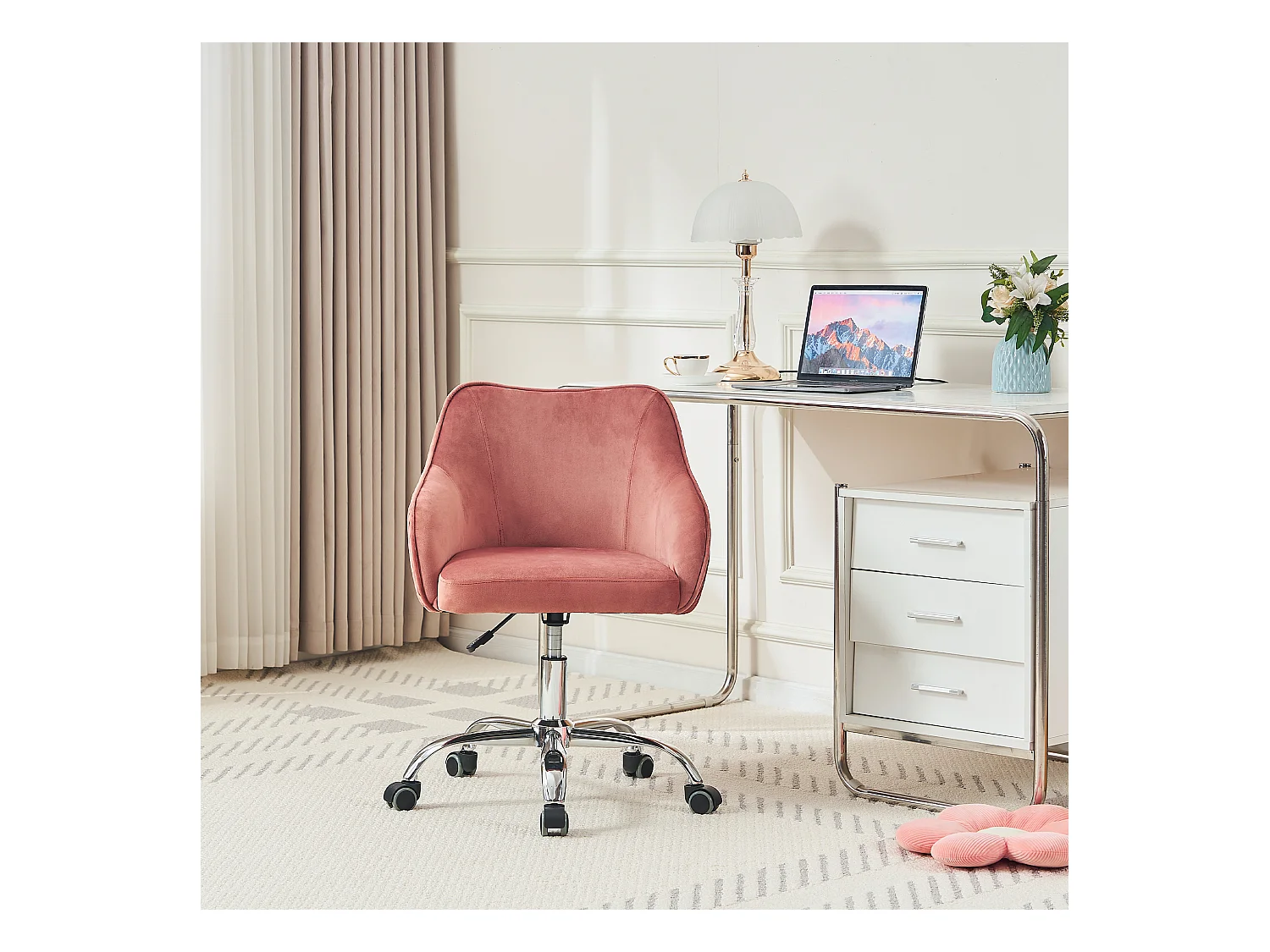 Chaise en velours réglable et pivotante, idéale pour la maison, le bureau, les loisirs et le maquillage, couleur rose foncé.