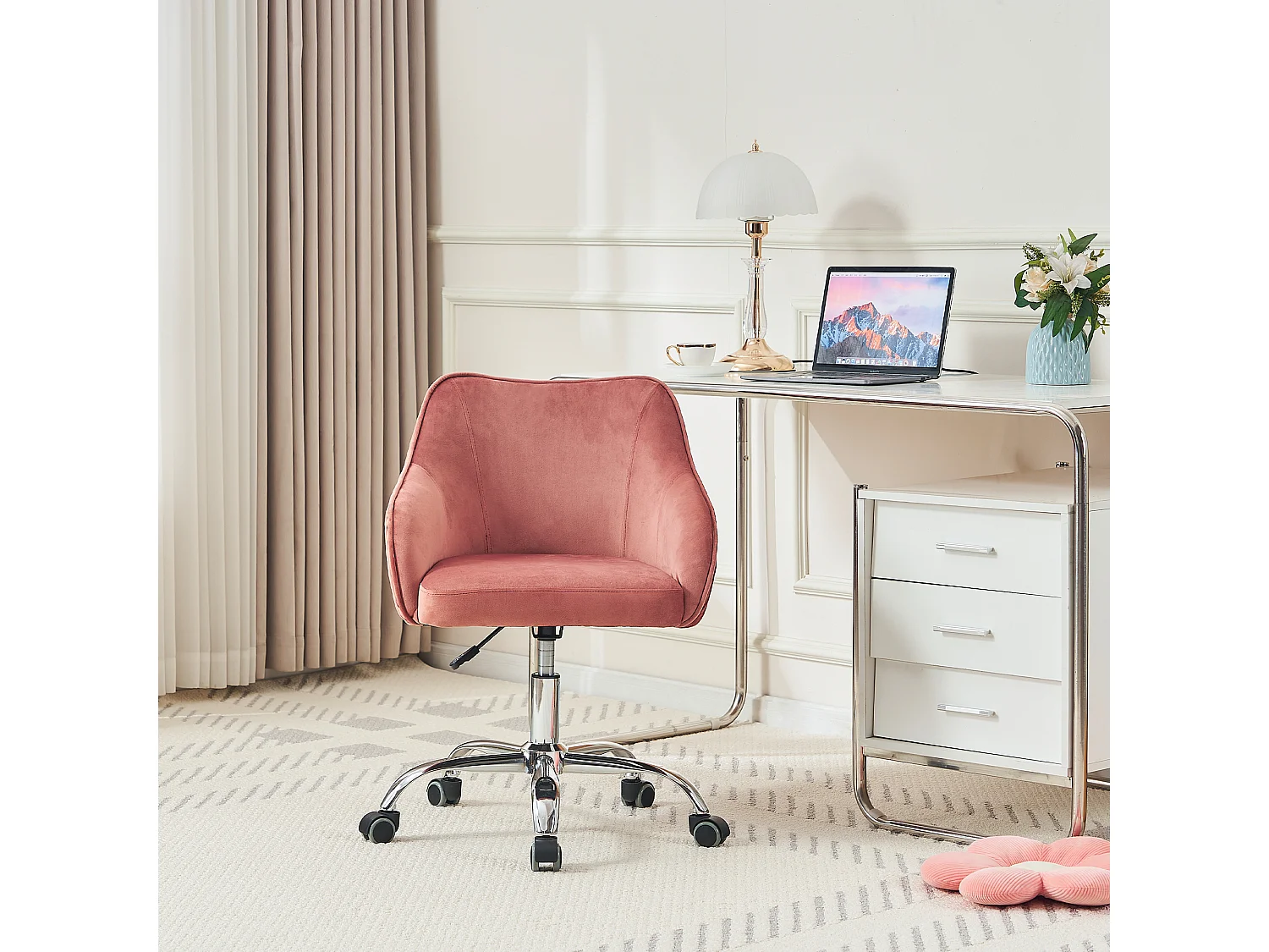 Chaise en velours réglable et pivotante, idéale pour la maison, le bureau, les loisirs et le maquillage, couleur rose foncé.