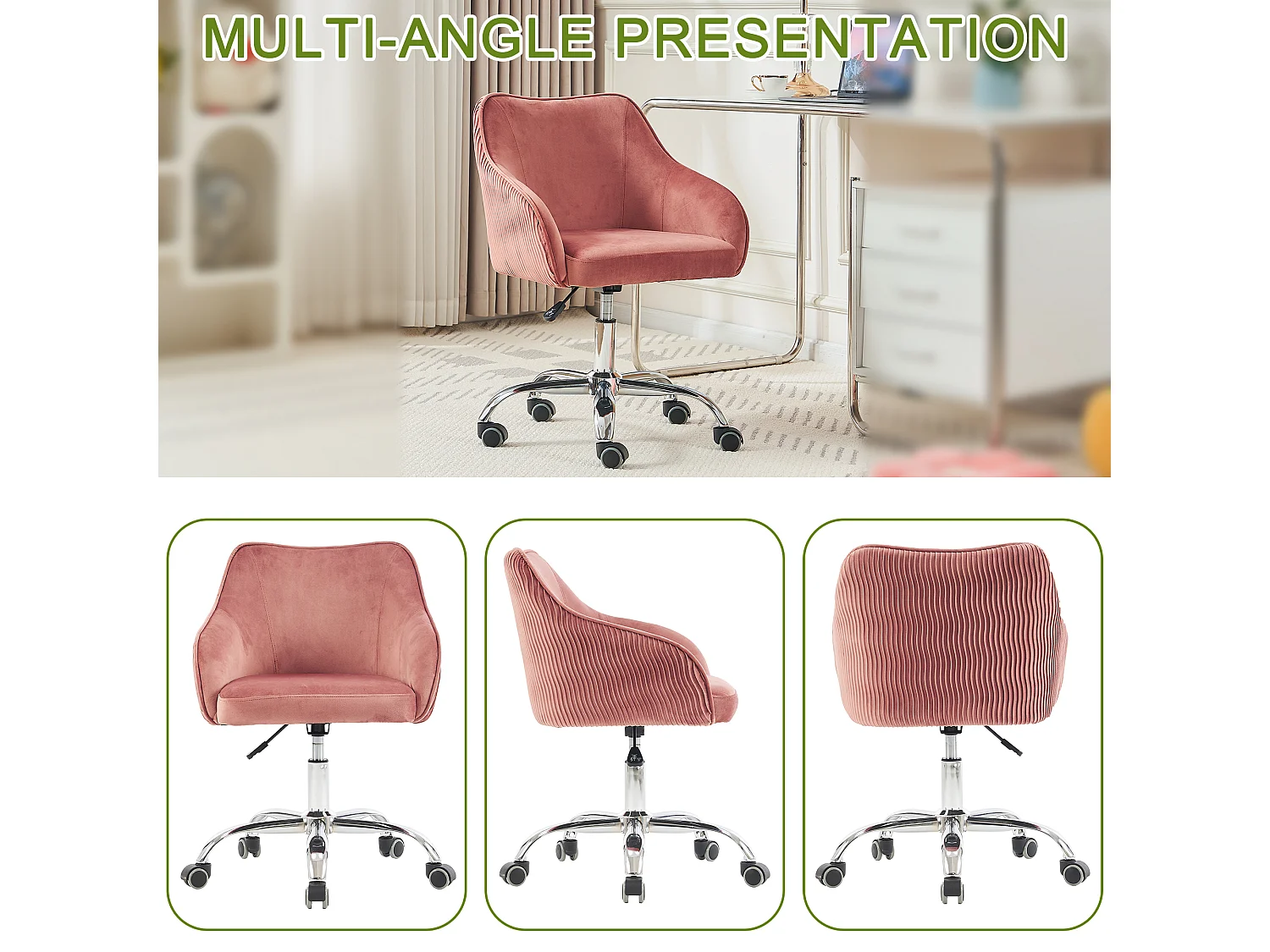 Chaise en velours réglable et pivotante, idéale pour la maison, le bureau, les loisirs et le maquillage, couleur rose foncé.