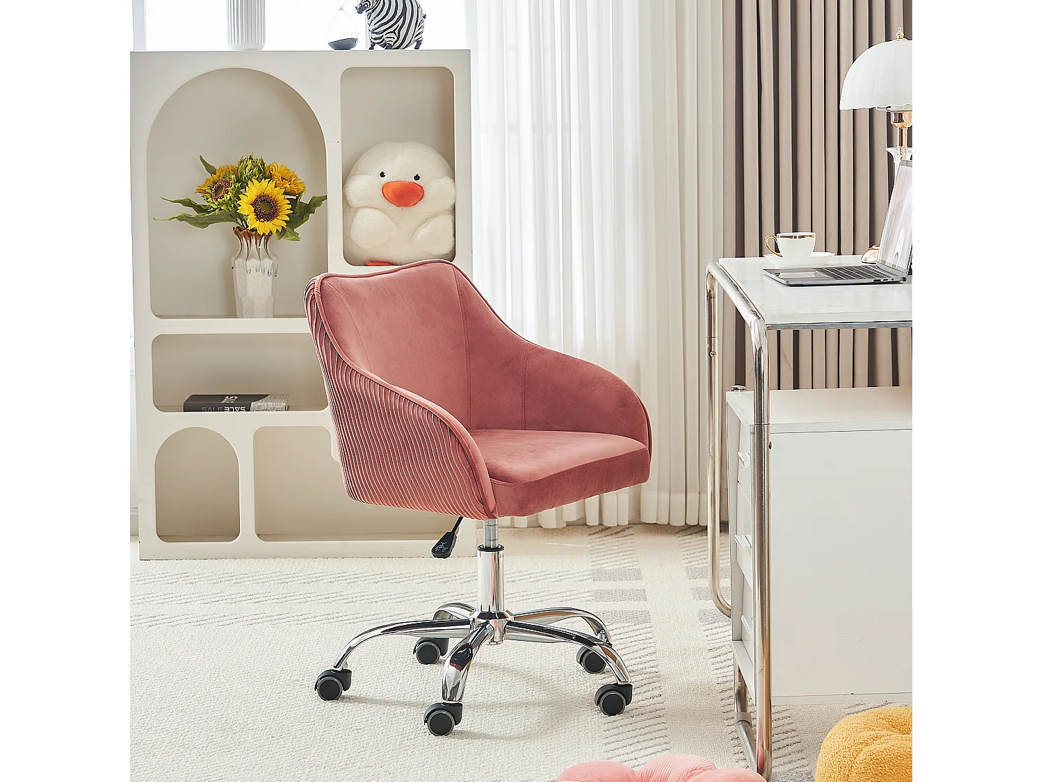 Chaise en velours réglable et pivotante, idéale pour la maison, le bureau, les loisirs et le maquillage, couleur rose foncé.